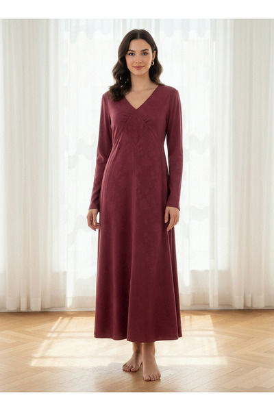 FAV فستان نوم ماكسي طويل بأكمام طويلة وتفاصيل مطرزة من الفيسكوز