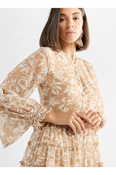 FAV Floral Print Midi Shirt Dress With Long Sleeves