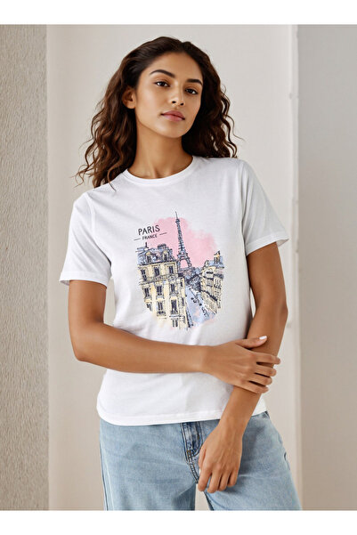 FAV تي شيرت مطبوع عليه باريس مع رقبة دائرية
