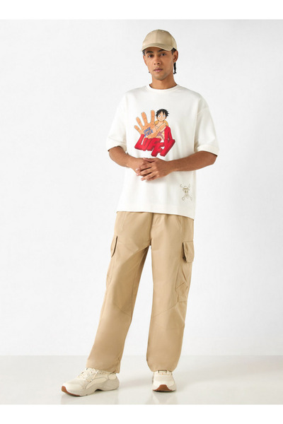 SP Characters Luffy Print T-shirt with Short Sleeves and Crew Neck