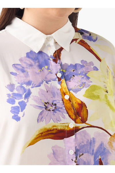 Ulla Popken Plus Size Ulla Popken Regular Fit Floral Print Shirt with Collar and Long Sleeves
