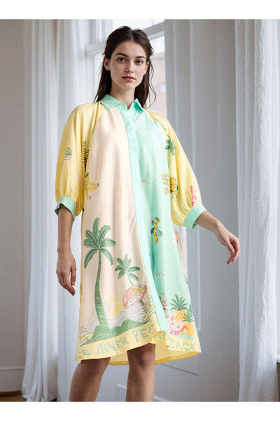 FAV قميص نوم مطبوع بالكامل مع ياقة وأكمام 3/4