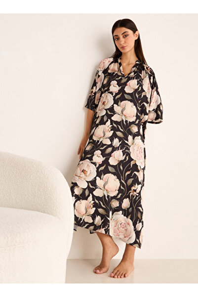 FAV فستان نوم بطبعات الأزهار مع طوق وأكمام 3/4