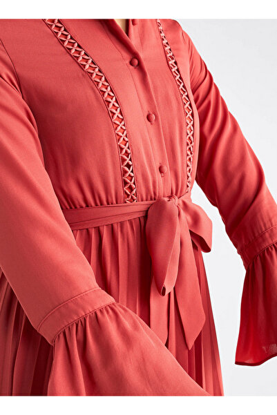 FAV Pleated Mandarin Collar Dress with Bell Sleeves and Tie-Up Belt