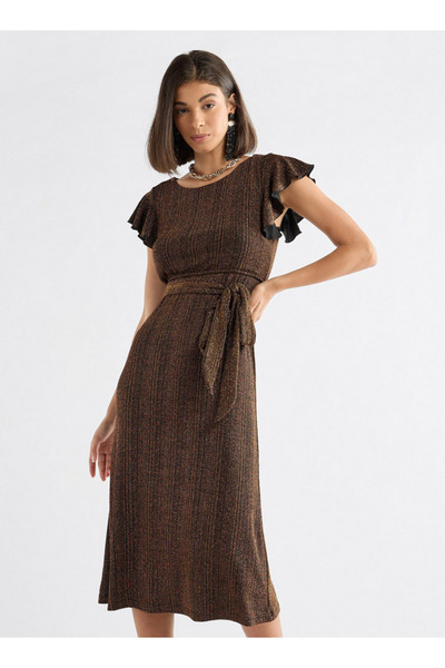 FAV Textured Midi Dress with Flutter Sleeves and Tie-Up Belt