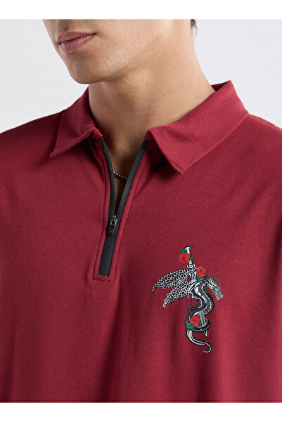 FAV Typographic Print Polo T-shirt with Short Sleeves and Zip Closure