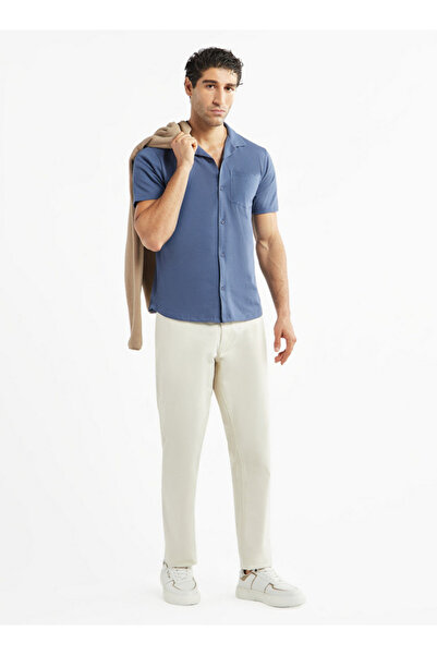 FAV Solid Camp Collar Shirt with Short Sleeves and Pocket