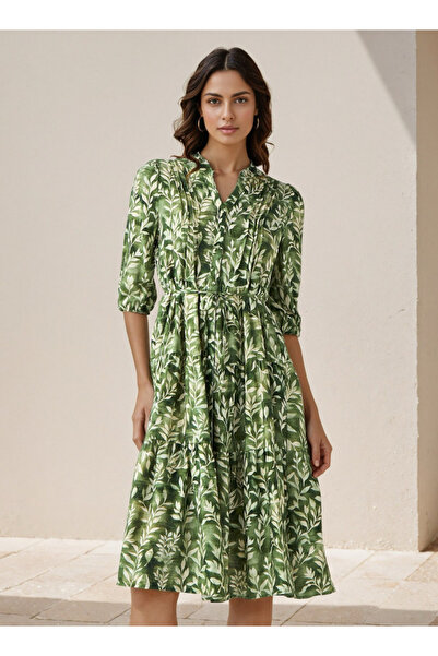 FAV فستان نسائي متوسط ​​الطول مطبوع بتفاصيل كشكشة من الفيسكوز