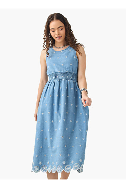 Lee Cooper Schiffli Embroidered Sleeveless Dress with Smocked Detail