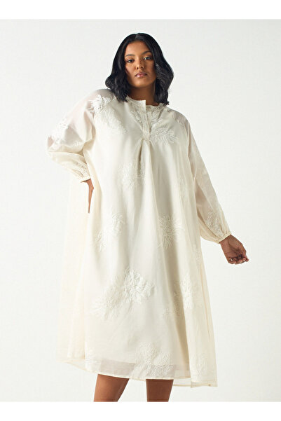 Ulla Popken Plus Size Ulla Popken Embroidered Midi Dress with Mandarin Neck