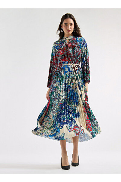 FAV Floral Print Pleated A-line Dress with High Neck and Long Sleeves