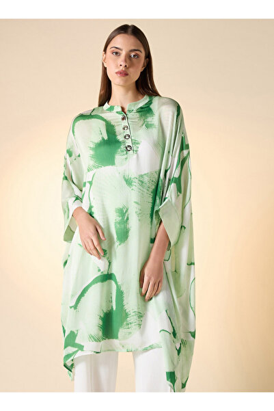 Iconic Printed Top with Mandarin Collar and Extended Sleeves