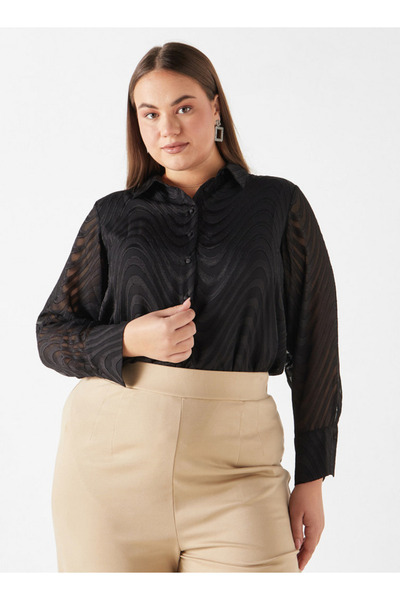 Ulla Popken Plus Size Textured Shirt With Long Sleeves