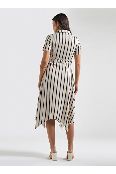 FAV Striped Asymmetric Hem Collared Midi Dress With Belt And Short Sleeves