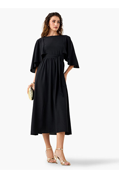 FAV Solid Midi Dress with Flutter Sleeves and Tie-Up Belt