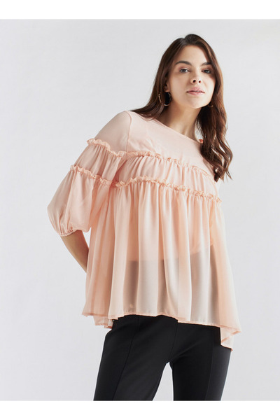 FAV Ruffled Chiffon Top With Crew Neck And Three-quarter Sleeves