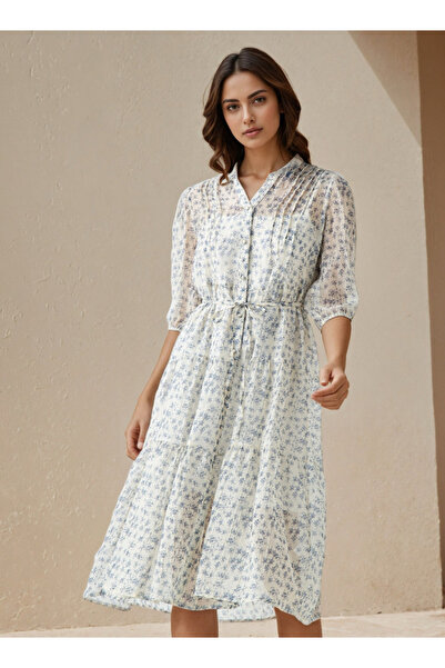 FAV فستان نسائي متوسط الطول بطبعة زهور مع تفاصيل ثنيات من الفيسكوز