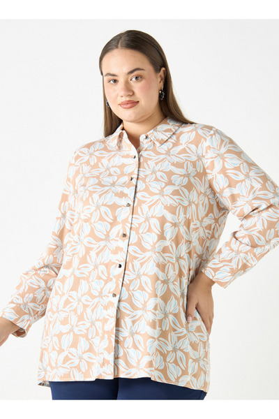 Ulla Popken Plus Size Ulla Popken All-Over Floral Print Shirt with Long Sleeves