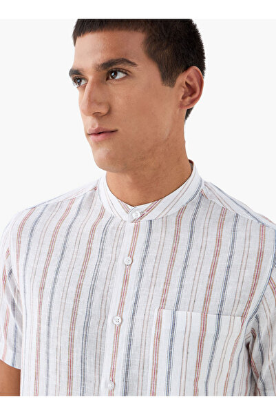 FAV Striped Linen Blend Mandarin Collar Shirt
