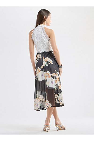 FAV Floral Print Halter Neck Midi Dress With Lace Detail