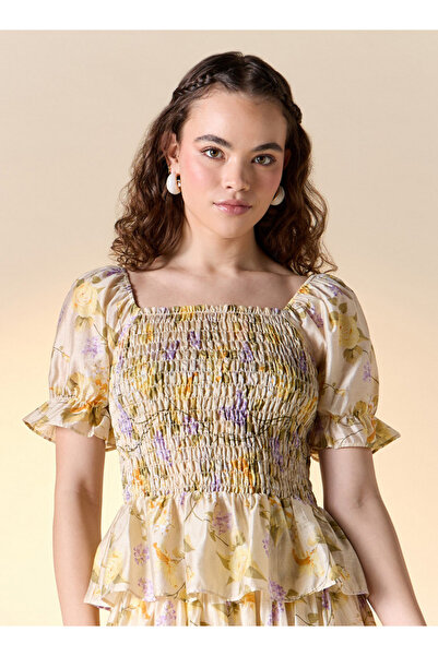 FAV Floral Print Square Neck Top with Puff Sleeves