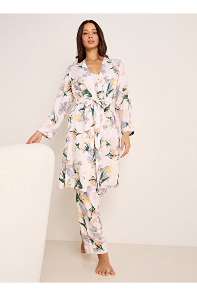 FAV طقم رداء نوم بطبعات الأزهار مع قميص داخلي وبيجامة