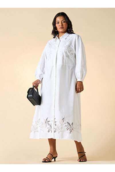 Ulla Popken Plus Size Ulla Popken Embroidered Midi Shirt Dress