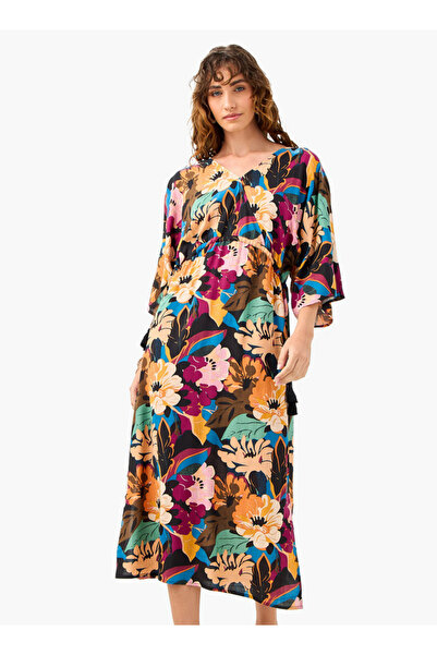 FAV فستان بطبعات الأزهار مع رقبة على شكل حرف V وتفاصيل ربطة عنق