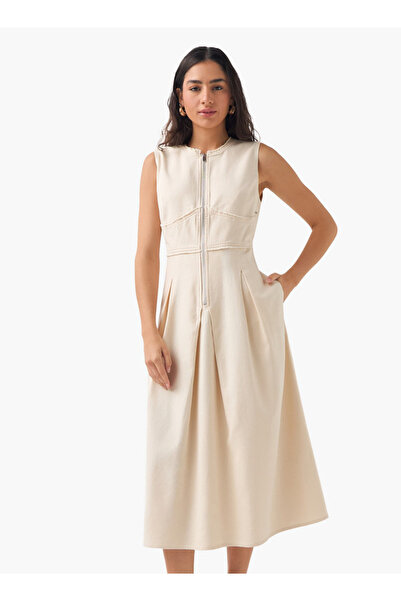 Lee Cooper Sleeveless Denim Dress with Zip Closure and Round Neck