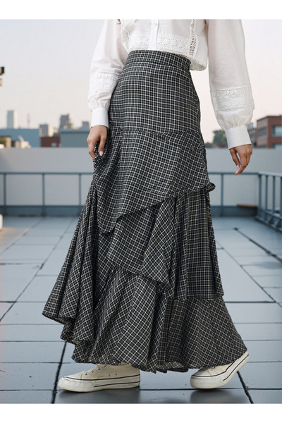 Lee Cooper Checked Layered Maxi Skirt with Semi-Elasticated Waist