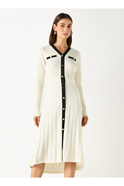 Iconic Textured A-line V-neck Dress With Long Sleeves