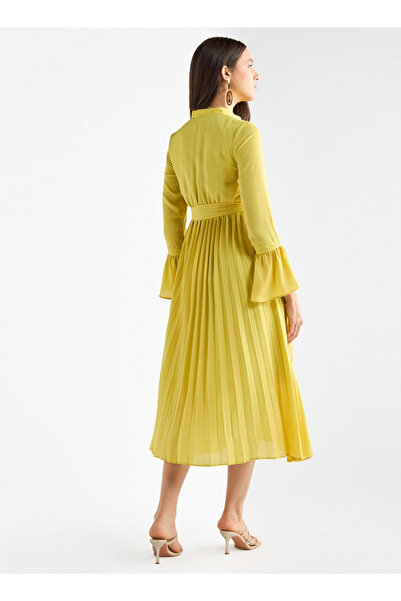 FAV Pleated Mandarin Collar Dress With Bell Sleeves And Tie-up Belt