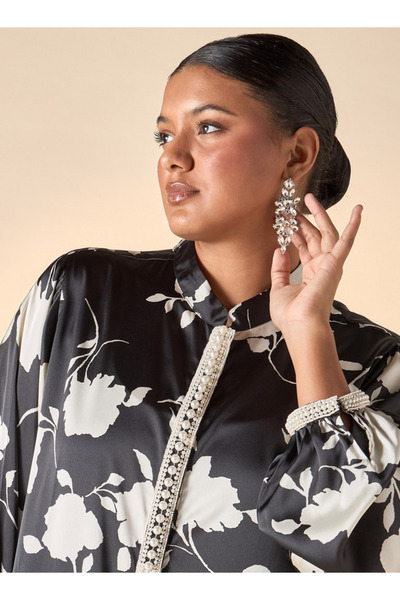 Ulla Popken Plus Size Ulla Popken Floral Print Shirt with Pearl Detail and Long Sleeves