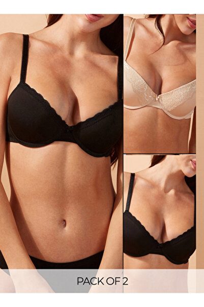 FAV مجموعة من قطعتين - حمالة صدر نصف مبطنة بتفاصيل دانتيل وإغلاق بخطاف وعين