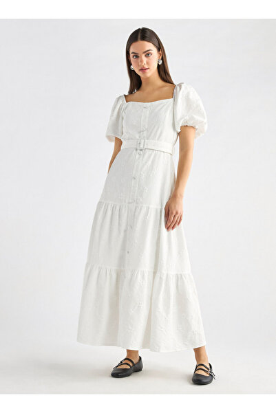 FAV Floral Textured Tiered Maxi Dress with Short Puff Sleeves and Square Neck