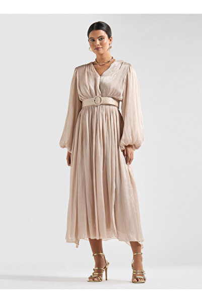 FAV Textured Belted Midi Dress With V-neck And Long Puff Sleeves