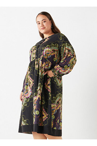 Ulla Popken Plus Size Ulla Popken All-Over Floral Print Midi Dress with Long Sleeves