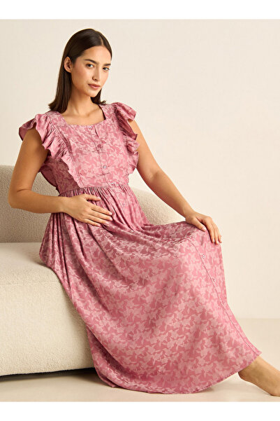 FAV فستان نوم للحوامل بطبعة زهور مع رقبة مربعة وتفاصيل كشكشة