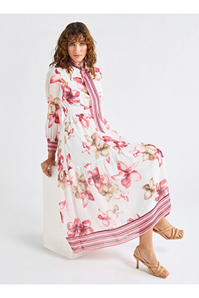 FAV All-Over Floral Print Shirt Dress with Tie-Ups and Long Sleeves