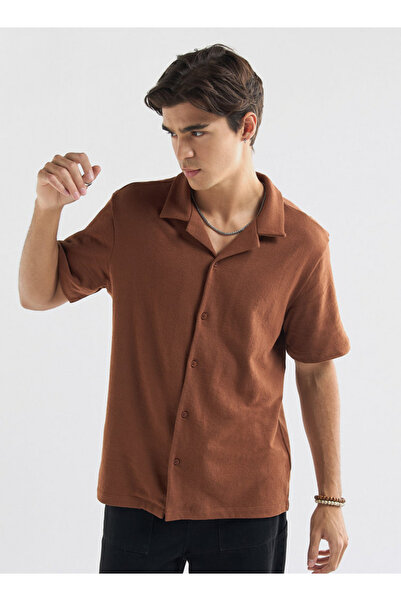 FAV Textured Camp Collar Shirt with Short Sleeves