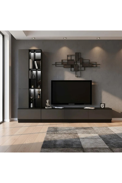 Stylish Home Large gray and black TV table, 4 pieces, including shelves and lighting, model 61