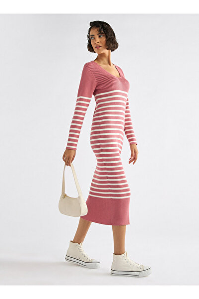 FAV Striped V-neck Dress with Long Sleeves