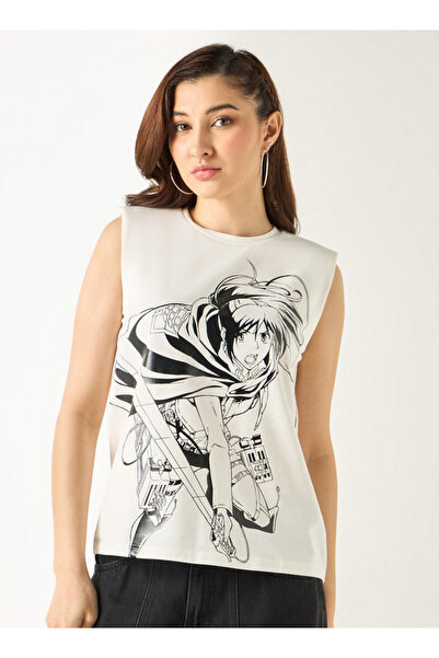 SP Characters تي شيرت بدون أكمام بطبعة أنمي مع رقبة دائرية