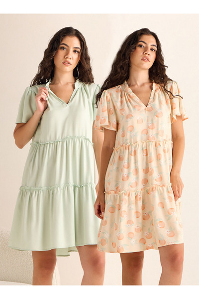 FAV طقم من قطعتين - فستان نوم متعدد الطبقات بأكمام مرفرفة