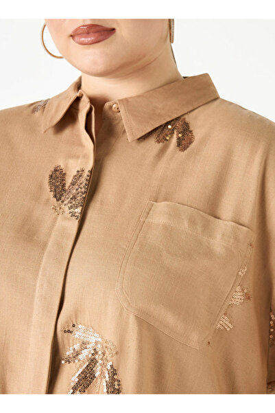 Ulla Popken Plus Size Ulla Popken All-Over Embellished High Low Shirt with Long Sleeves