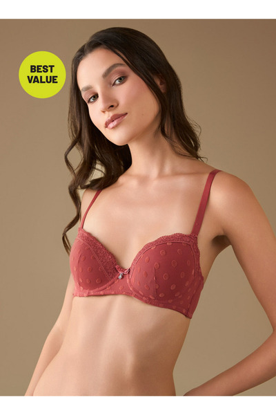 FAV Mesh Textured Bra with Hook and Eye Closure and Lace Detail