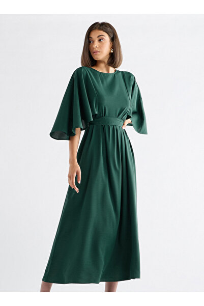 FAV Solid Midi Dress with Flutter Sleeves and Tie-Up Belt