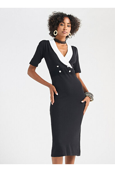 FAV Solid Lapel Dress with Short Sleeves and Button Detail