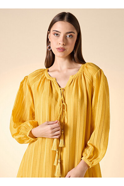 FAV Textured Dress with Long Sleeves and Tie-Ups