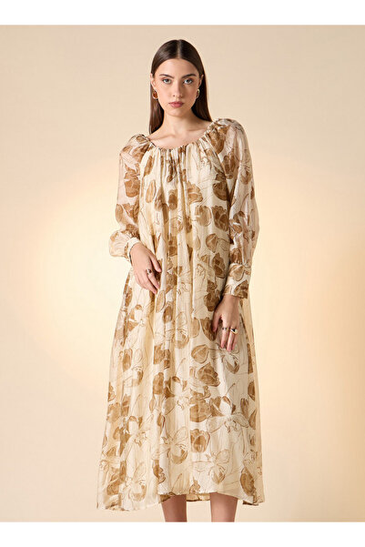 Iconic Iconic Floral Print Trapeze Dress with Long Sleeves